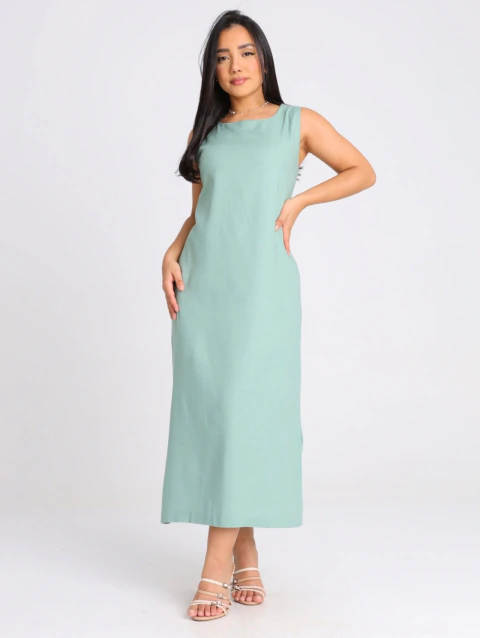 Vestido Feminino Mídi em Linho Alças Largas Com Fendas - Caetana