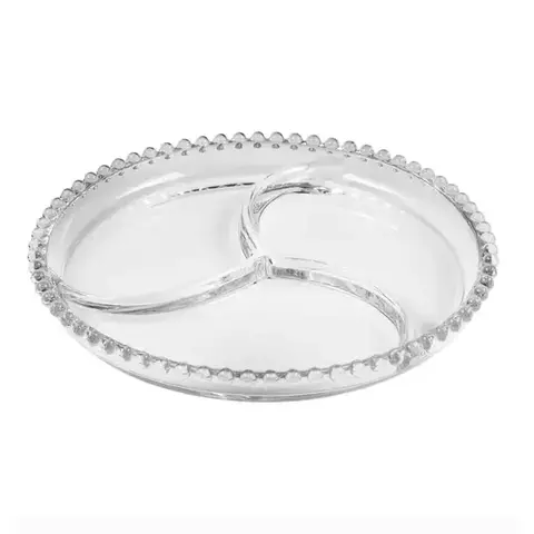 Petisqueira 24 cm de cristal transparente Pearl Wolff com 3 divisórias| Empório do Presente