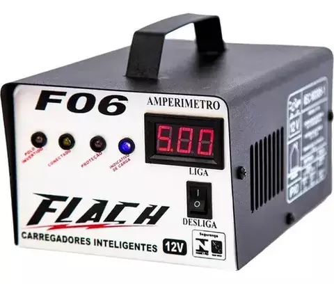 CARREGADOR DE ACUM. BASEADO EM TEC. DIGITAL. MOD.: F06. (6A/12V). AUX. BATERIA NA PART. EM ATE 6A.