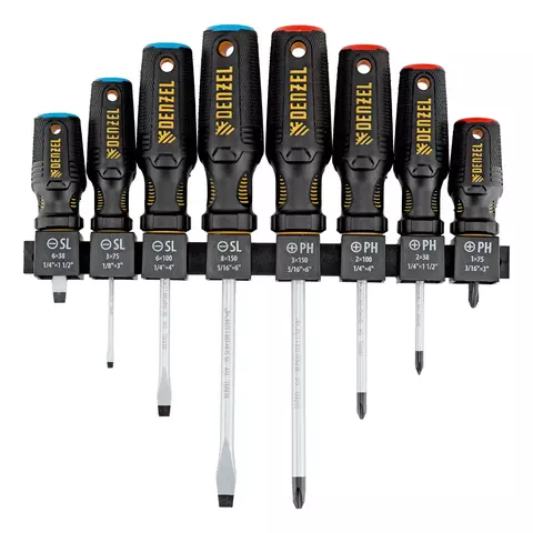 JOGO DE CHAVES FENDA/PHILLIPS EM PRATELEIRA, PH + SL, CRV, CABO DE 3 COMPONENTES, 8 PÇS// DENZEL