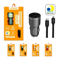 CARREGADOR VEICULAR 3.1A DUAL USB COM CABO MICRO USB / V8 - LEHMOX - LE-505