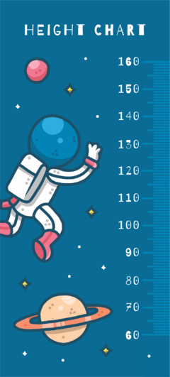Medidor de altura infantil con diseño espacial, mostrando un astronauta y planetas, con marcas de altura hasta 160 cm.
