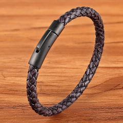 Pulseira de couro simples com fecho aço inoxidável - Botão neutro - Trançado à mão - comprar online