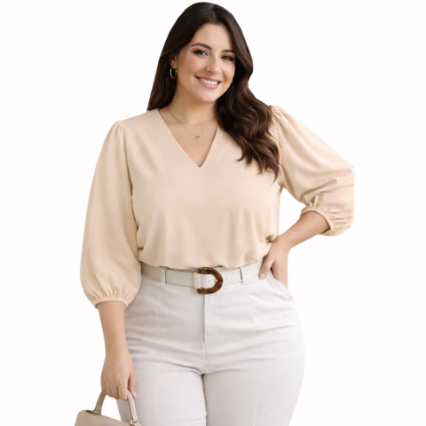 Blusa Feminina Manga 3/4 Crepe Duna Social Elegante Plus