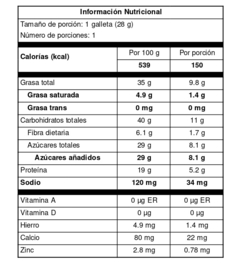 Tabla Nutricional.

Notitas: 

1. Es importante que identifiques la columna que dice "Por porción", que es el contenido de cada galleta. 

2. Recuerda que nuestra galleta es energética, nuestro propósito con ésta es que tengas un extra de energía para tus