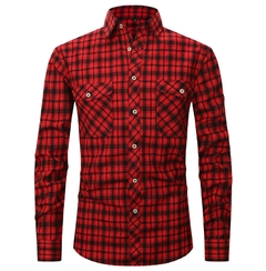 Camisa de botão manga comprida xadrez de flanela masculina, quadriculada cláss