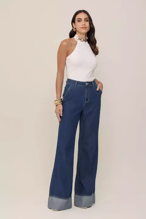Calça wide leg detalhe barra - comprar online