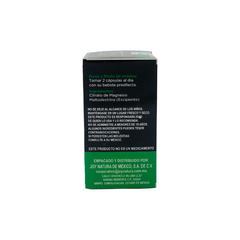 Parte trasera del empaque de Citrato de Magnesio Joy Natura con instrucciones de uso, ingredientes y advertencias