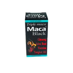 Caja del suplemento dietético Triple Maca Black que contiene ginseng, jalea real, tiamina y tongkat ali.