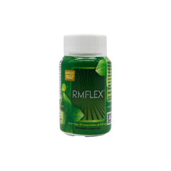 Botella verde de suplemento natural RMFLEX para articulaciones y circulación con tapa blanca
