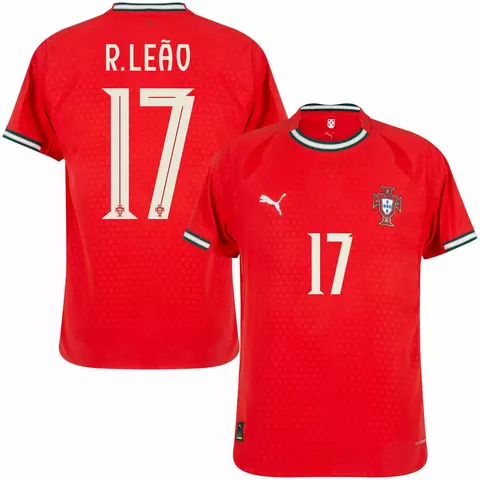 Camisa de futebol vermelha da seleção de Portugal com o número 17 e o nome R. Leão.