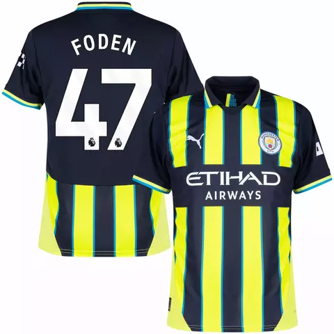 Camisa do Manchester City III 24/25 para torcedores, na cor verde, com o nome "Foden" e o número 47 nas costas. Camisa manchester city personalizada com nome e número do jogador foden