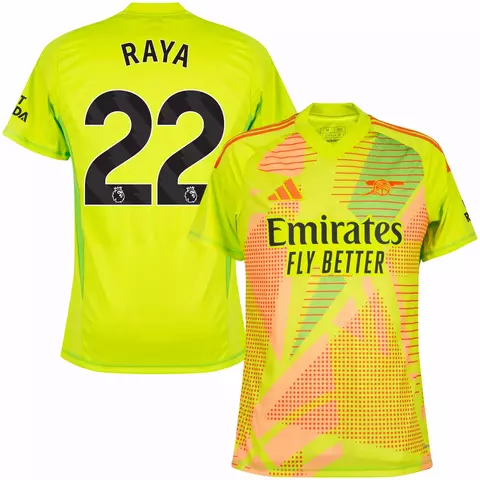 Camisa de goleiro do Arsenal 23/24, versão torcedor, na cor verde, com o nome "RAYA" e o número "22" nas costas. 