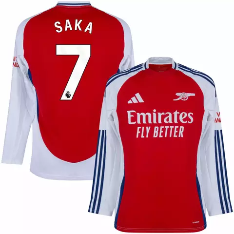 Camisa manga longa do Arsenal I 24/25, versão torcedor da Adidas, com detalhes em vermelho e branco e o nome Saka e número 7 nas costas. camisa arsenal manga longa personalizada com nome e núemro do jogador saka.