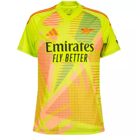 Camisa de goleiro Arsenal 23/24 masculina verde com detalhes em laranja e rosa, versão torcedor. camisa arsenal goleiro 
