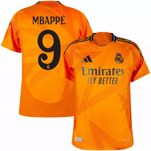 Camisa do Real Madrid II 24/25 na cor laranja, com o nome e número de Mbappé nas costas. camisa real madrid laranja personalizada com nome e número do jogador mbappe