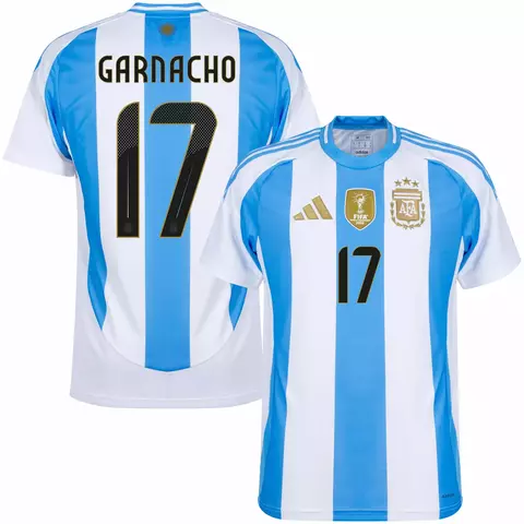 camisa seleção argentina I 24/25 cor azul e branco, camisa argentina jogador garnacho número 17 personalizada nome e número.