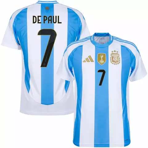 camisa seleção argentina I 24/25 cor azul e branco, camisa jogador de paul número 7 camisa personalizada nome e número.