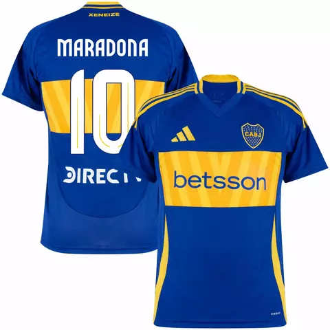 Camisa do Boca Juniors I 24/25, versão torcedor, na cor azul, com detalhes em amarelo e nome Maradona nas costas. camisa boca juniors personalizada com nome e número do jogador maradona