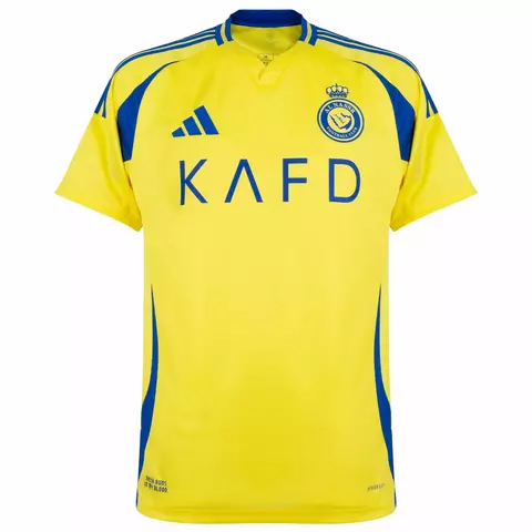Camisa amarela do Al-Nassr, versão torcedor da Nike, com detalhes em azul e logo do clube. camisa cristiano ronaldo, camisa cr7