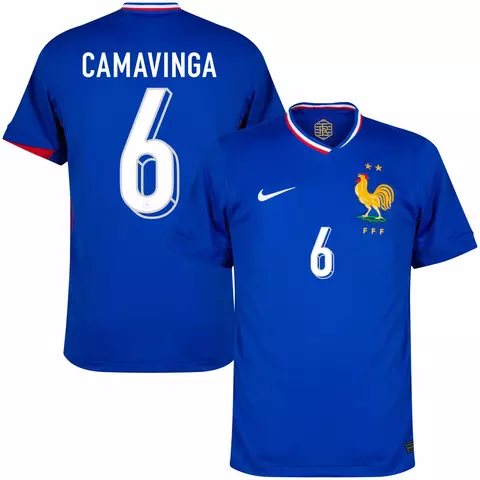camisa de futebol frança I 24/25 versão torcedor cor azul, camisa seleção frança personalizada com nome e número do jogador camavinga. camisa frança camavinga.