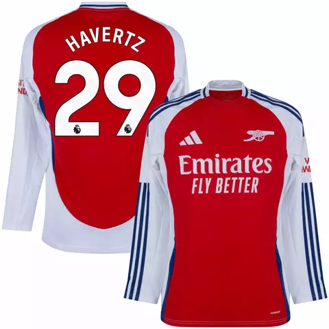 Camisa de futebol Arsenal 24/25 manga longa versão torcedor masculina, com o nome Havertz e número 29 nas costas, nas cores vermelho, branco e azul. camisa arsenal personalizada com nome e núemro do jogador havertz