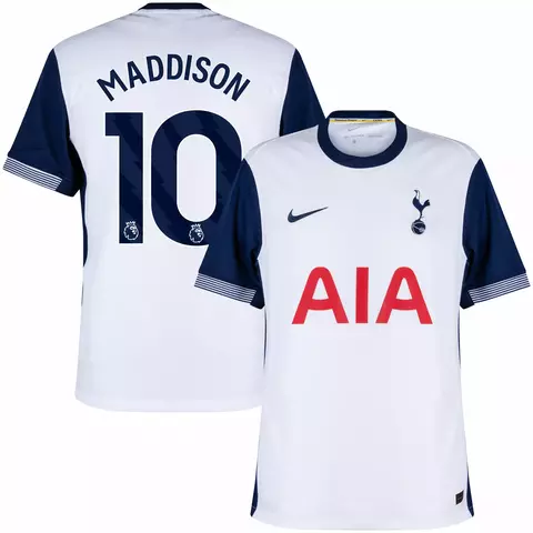Camisa de futebol Tottenham I 24/25 versão torcedor cor branca com mangas azul. camisa de time tottenham temporada 2025 personalizada com nome e número do jogador maddison.