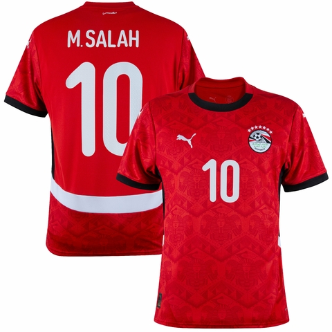camisa de futebol egito 25/26 versão torcedor cor vermelho, personalizada com nome e número do jogador M. Salah. camisa egito salah 
