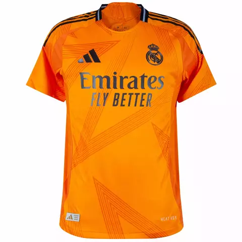Camisa torcedora do Real Madrid 24/25, na cor laranja, com detalhes em preto e logotipo do clube. camisa real madrid laranja 