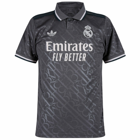 Camisa masculina do Real Madrid III 23/24, cor preta, com detalhes em cinza. camisa real madrid cinza