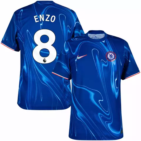 Camisa de futebol do Chelsea temporada 24/25 na cor azul com design moderno, personalizada com nome Enzo e número 8