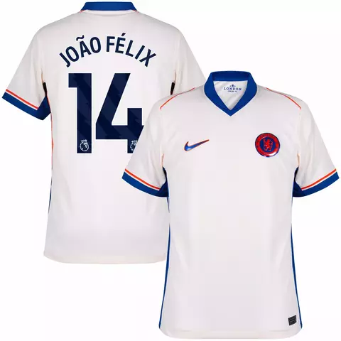 Camisa de futebol  Chelsea II 24/25 versão torcedor, branca, personalizada com número 14 e nome João Félix nas costas. Camisa chelsea joão felix