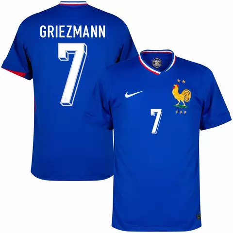 camisa de futebol frança I cor azul personalizada com nome e número do jogador griezmann jogador de futebol.