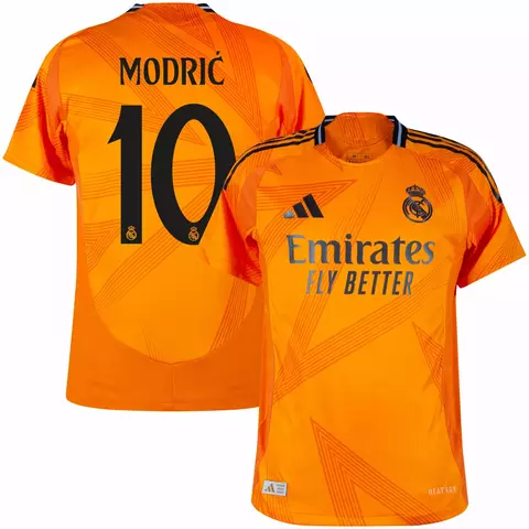 Camisa laranja do Real Madrid II 24/25 com o nome e número de Modrić. camisa real madrid laranja personalizada com nome e número do jogador Modric