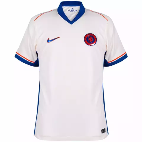 Camisa de futebol do Chelsea II 24/25  versÃo torcedor da Nike masculina, predominantemente branca com detalhes em azul e laranja. camisa chelsea II 