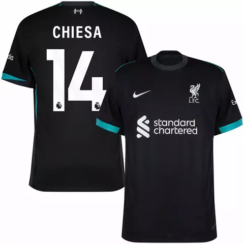 camisa de futebol liverpool III 24/25 versão torcedor cor preto personalizada com nome e número do jogador chiesa, nome chiesa número 14