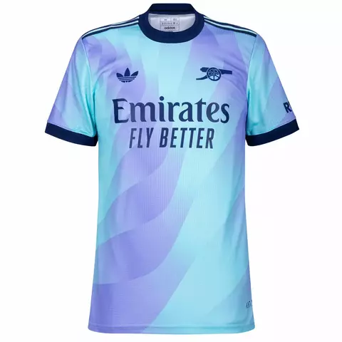 Camisa masculina do Arsenal III 24/25, versão torcedor, com design em tons de azul e detalhes em azul marinho.