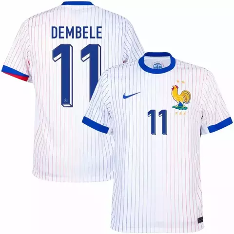 camisa de futebol frança II 24/25 versão torcedor cor branco, camisa seleção frança personalizada com nome e número do jogador dembele. camisa frança dembele.