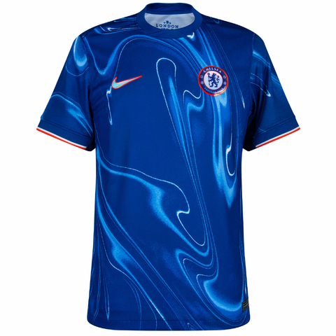 Camisa de futebol do Chelsea 24/25 versão torcedor masculina Nike azul com detalhes em vermelho e branco. camisa de futebol chelsea 