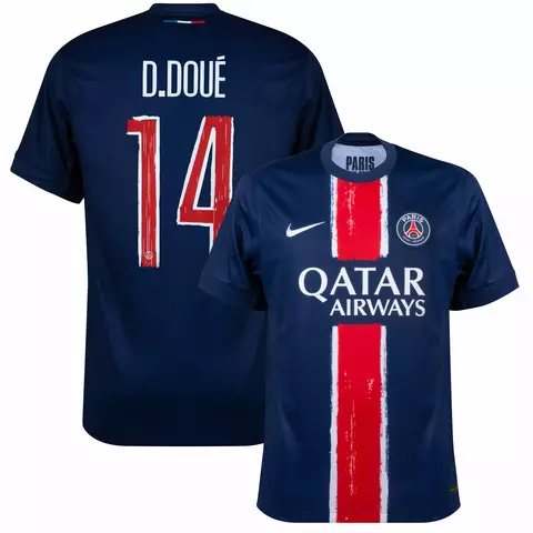 camisa paris saint german I 24/25 versão torcedor cor azul personalizada com nome e número do jogador d. doué, camisa psg doué.