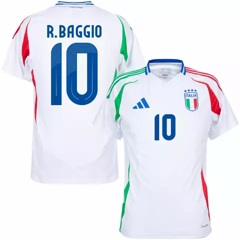 camisa de futebol versão torcedor italia cor branca personalizada com nome e número do jogador roberto baggio.