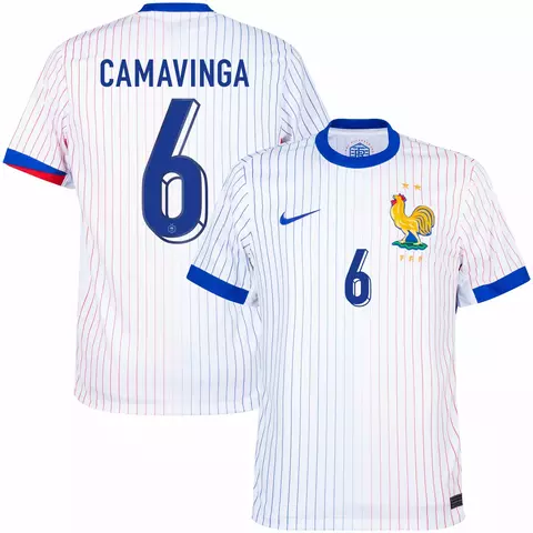 camisa frança II 24/25 versão torcedor cor branco, camisa seleção frança personalizada com nome e número do jogador camavinga.