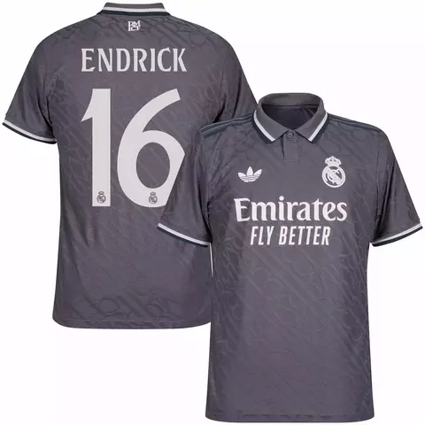 Camisa cinza do Real Madrid III 23/24, versão torcedor, com o nome "ENDRICK" e número 16 nas costas. camisa real madrid cinza personalizada com nome e número do jogador endrick