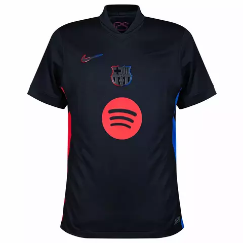 Camisa Barcelona 23/24 na cor preta, com detalhes em azul e vermelho, logotipo da Nike e patrocinador Spotify. Camisa Barcelona III preta.