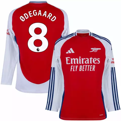 Camisa de futebol Arsenal 2024/25 manga longa versão torcedor masculina, nas cores vermelho e branco, com nome Ødegaard e número 8 nas costas. camisa arsenal personalizada com nome e numero do jogador odegard