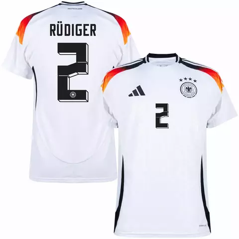 camisa de futebol alemanha I 24/25 versão torcedor cor branco, camisa seleção alemanha personalizada com nome e número do jogador rudiger. camisa alemanha rudiger