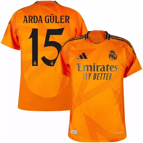 Camisa laranja do Real Madrid II 24/25, com o nome Arda Güler e número 15 nas costas. camisa real madrid laranja personalizada com nome e número do jogador arda guler