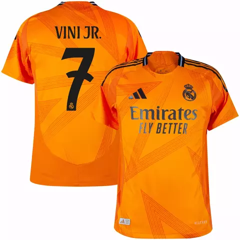 Camisa laranja do Real Madrid II 24/25, com o nome "VINI JR." e número 7 nas costas. camisa real madrid laranja personalizada com nome e número do vini jr.
