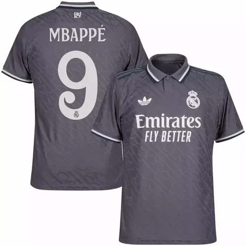 Camisa cinza do Real Madrid III 23/24 com o nome e número de Mbappé. camisa real madrid cinza personalizada com nome e número do jogador mbappe