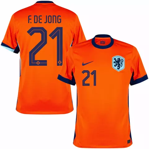 camisa de futebol versão torcedor seleção holanda cor laranja personalizada com nome e número do jogador de jong.